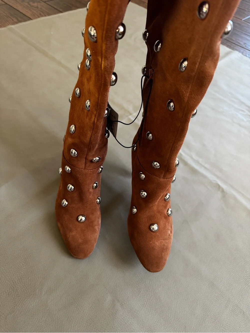 Genuine Suede Over-the-Knee Silver Studded Tan Boots Western Festival Chic Sz 8